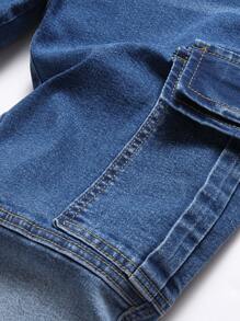 Men Colourblock And Letter Embroidery Flap Pocket Cargo Trousers - Medium Wash - View 3