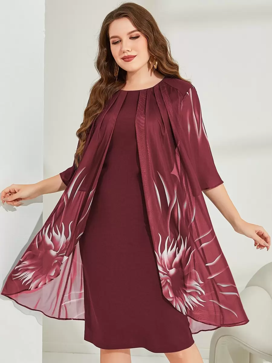 Mulvari Vestido largo, tipo maxifalda, con pliegues plegados y estampado floral para mujer talla grande - Granate - Ver 1