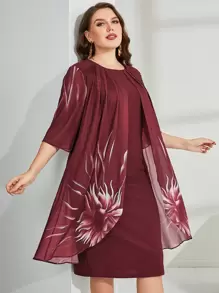 Mulvari Vestido largo, tipo maxifalda, con pliegues plegados y estampado floral para mujer talla grande - Granate - Ver 3