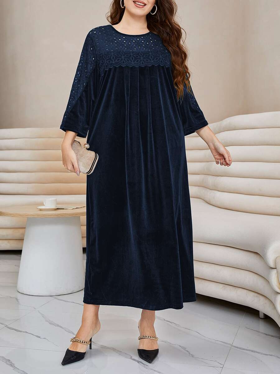 Modelyn Plus Contrast Lace Scallop Trim Solid Dress - Navy Blue - View 1