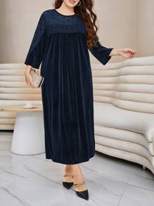 Modelyn Plus Contrast Lace Scallop Trim Solid Dress - Navy Blue - View 3