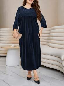 Modelyn Plus Contrast Lace Scallop Trim Solid Dress - Navy Blue - View 5