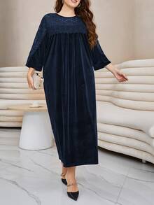 Modelyn Plus Contrast Lace Scallop Trim Solid Dress - Navy Blue - View 6