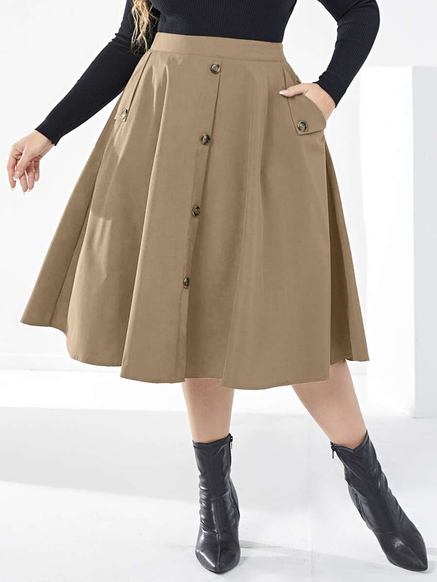 Mulvari Plus High Waist Fake Button Skirt - Khaki - View 1