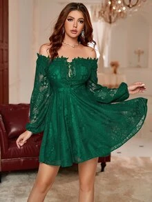 Double Crazy Váy ren tay đèn lồng buộc dây một bên vai thanh lịch, phù hợp cho khách dự tiệc cưới, buổi hòa nhạc và tiệc trang trọng - Màu xanh lá cây đậm - Xem 4