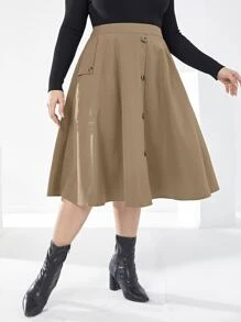 Mulvari Plus High Waist Fake Button Skirt - Khaki - View 4