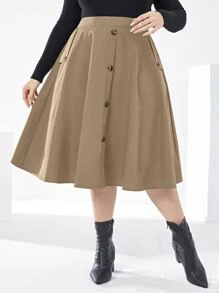 Mulvari Plus High Waist Fake Button Skirt - Khaki - View 5