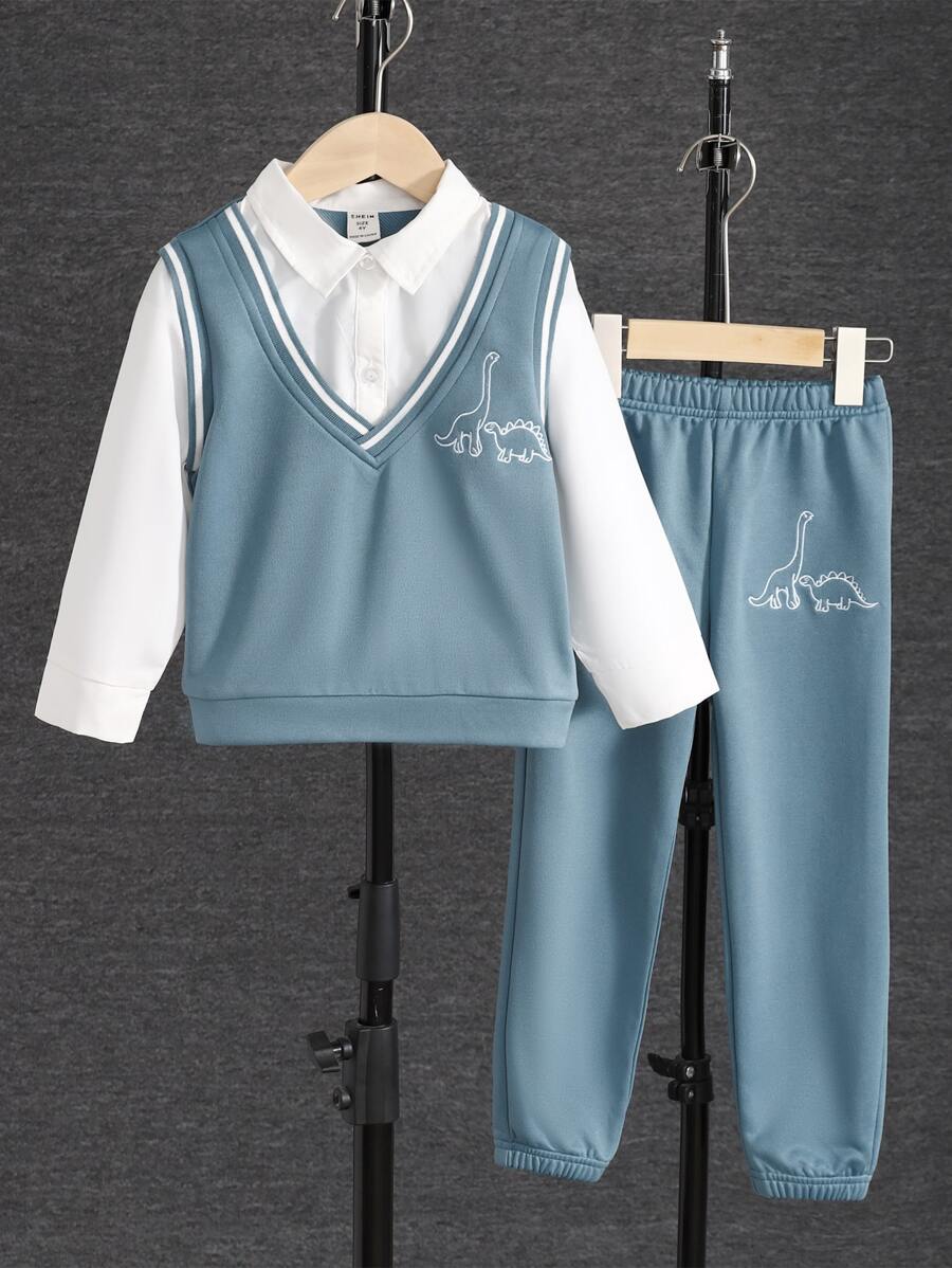 小男童恐龍印花背心上衣和運動褲和襯衫