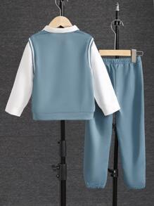 小男童恐龍印花背心上衣和運動褲和襯衫