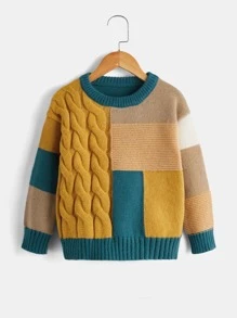 SHEIN Toddler Boys Colour Block Drop Shoulder Cable Knit Jumper - Multicolor - View 1