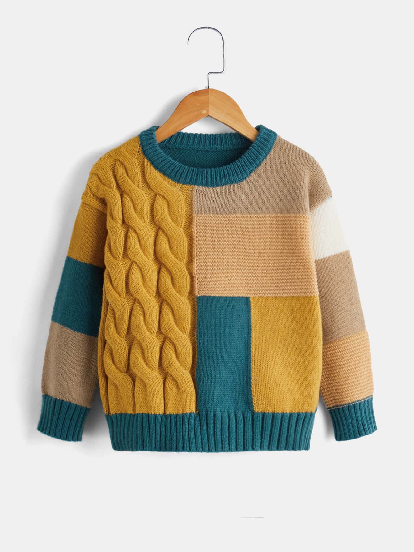 SHEIN Toddler Boys Colour Block Drop Shoulder Cable Knit Jumper - Multicolor - View 1