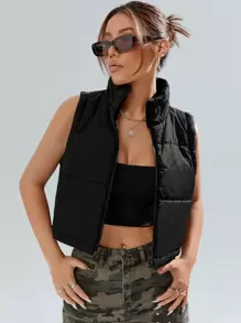 SHEIN EZwear 黑色炫酷拉链背心加厚外套