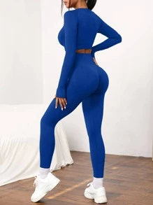 Easithlete 2pcs Seamless High Stretch Yoga Set Tracksuit Gym Set Raglan & Top Tummy Control Sports Leggings Workout Women Set - Blue - View 2