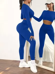 Easithlete 2pcs Seamless High Stretch Yoga Set Tracksuit Gym Set Raglan & Top Tummy Control Sports Leggings Workout Women Set - Blue - View 5