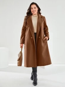 Mulvari Plus Lapel Neck Double Breasted Belted Overcoat, For Winter - Coffee Brown - View 1