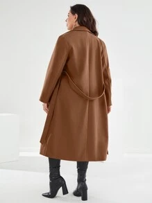 Mulvari Plus Lapel Neck Double Breasted Belted Overcoat, For Winter - Coffee Brown - View 2