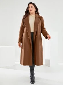Mulvari Plus Lapel Neck Double Breasted Belted Overcoat, For Winter - Coffee Brown - View 3