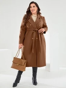 Mulvari Plus Lapel Neck Double Breasted Belted Overcoat, For Winter - Coffee Brown - View 5