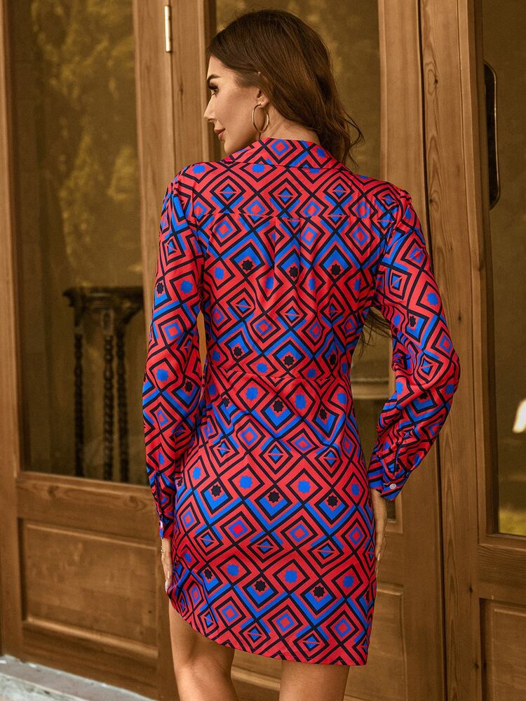 Vestido cruzado con estampado geométrico con nudo lateral - Rojo - Añade 2