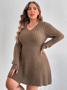 Chikora Plus V Neck Sweater Dress In Fall/Winter - Mocha Brown - View 1