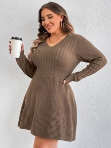 Chikora Plus V Neck Sweater Dress In Fall/Winter - Mocha Brown - View 5