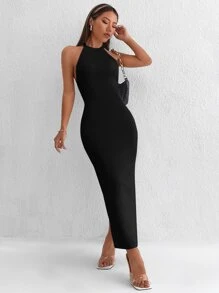 SHEIN PETITE 露背後扭結下擺開叉掛脖洋裝 - 黑色 - 查看 3