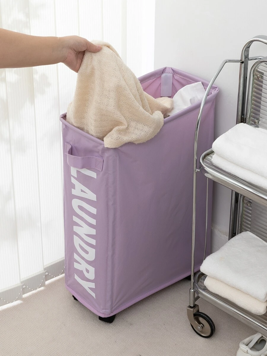 1入組滾動式超薄洗衣籃帶支架可折疊防水分類器和帶輪整理器高薄臟洗衣籃籃家用角落垃圾桶 - 紫色 - 查看 1