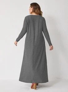 Mulvari Plus 1 PC Solid Plicated Detail Dress Without Belt - Dark Grey - View 2