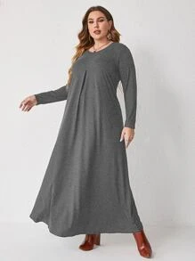 Mulvari Plus 1 PC Solid Plicated Detail Dress Without Belt - Dark Grey - View 3