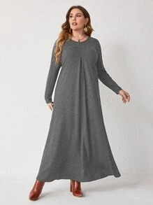 Mulvari Plus 1 PC Solid Plicated Detail Dress Without Belt - Dark Grey - View 5