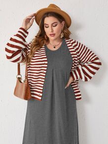 Mulvari Plus 1 PC Solid Plicated Detail Dress Without Belt - Dark Grey - View 6