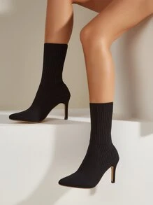 Knit Detail Point Toe Stiletto Heeled Sock Boots, Women's Elegant Fine Heel Black Monochrome Elastic Boots, Stylish - Black - View 1