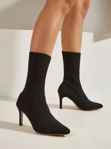 Knit Detail Point Toe Stiletto Heeled Sock Boots, Women's Elegant Fine Heel Black Monochrome Elastic Boots, Stylish - Black - View 2