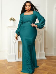 seomiscky Plus Square Neck Lantern Sleeve Mermaid Hem Prom Dress - Teal Blue - View 1