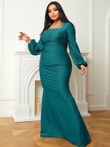 seomiscky Plus Square Neck Lantern Sleeve Mermaid Hem Prom Dress - Teal Blue - View 3