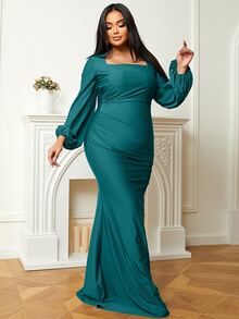 seomiscky Plus Square Neck Lantern Sleeve Mermaid Hem Prom Dress - Teal Blue - View 4