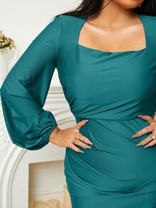 seomiscky Plus Square Neck Lantern Sleeve Mermaid Hem Prom Dress - Teal Blue - View 5