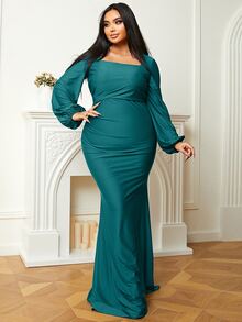 seomiscky Plus Square Neck Lantern Sleeve Mermaid Hem Prom Dress - Teal Blue - View 7