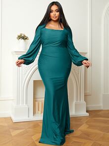 seomiscky Plus Square Neck Lantern Sleeve Mermaid Hem Prom Dress - Teal Blue - View 8