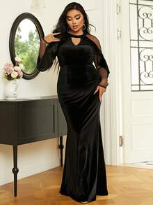 seomiscky 大碼鎖眼領口拼接網紗袖絲絨舞會洋裝 - 黑色 - 查看 5