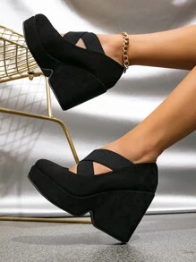 仿麂皮交叉防水台淺口坡跟鞋 - 黑色 - 查看 2