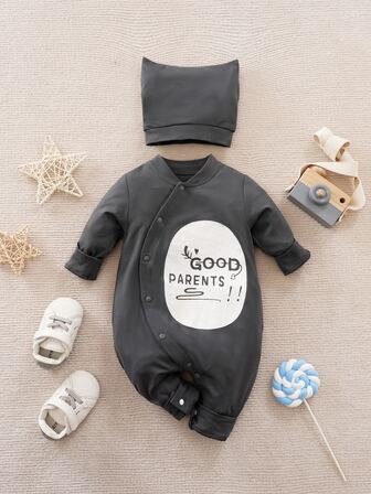 Yierying Baby Slogan Graphic Jumpsuit & Hat