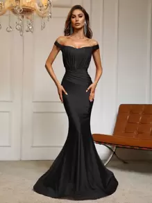 Vestido de fiesta de hombros descubiertos bajo sirena - Negro - Ver 1