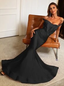 Vestido de fiesta de hombros descubiertos bajo sirena - Negro - Ver 7