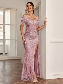 UNITHORSE Cold Shoulder Split Thigh Sequin Formal Dress Elegant Prom Evening Wedding Guest Gown, For Graduation, Dinner - Dusty Pink - View 4