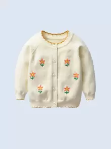 Baby Floral Embroidery Raglan Sleeve Scallop Trim Cardigan - Beige - View 1