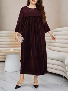 Modelyn Đầm Plus Size Tương phản ren Tranh thêu màu trơn Thanh lịch - Màu Tím - Xem 1