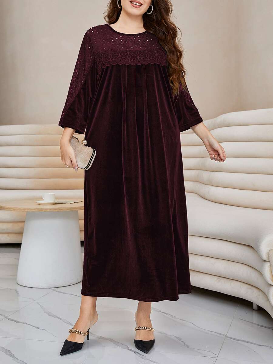 Modelyn Đầm Plus Size Tương phản ren Tranh thêu màu trơn Thanh lịch - Màu Tím - Xem 1