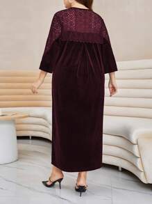 Modelyn Đầm Plus Size Tương phản ren Tranh thêu màu trơn Thanh lịch - Màu Tím - Xem 2