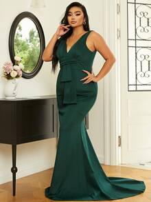 seomiscky Vestido de fiesta fruncido delantero largo - Verde Oscuro - Ver 4